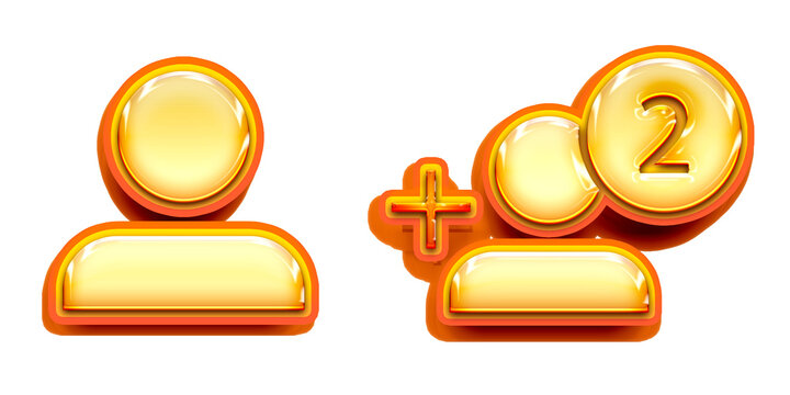 Glossy 3D User Profile and Friend Request Icon Set in Yellow and Gold, Symbolizing Social Media Accounts, Adding Friends, and New Notifications, as shiny UI buttons, as a Transparent PNG