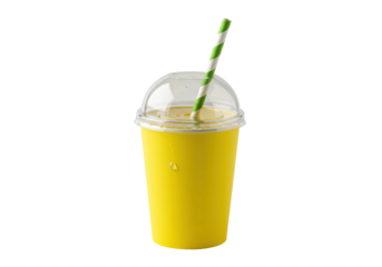 Isolated yellow smoothie with a striped straw, a refreshing drink to cool off with