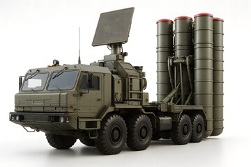 Obraz premium 3D Surface-to-Air Missile Launcher Truck — High-Detail Military Defense Render on White Background