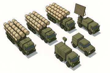 3D Integrated Air Defense Battery — Top-Down Formation with Launchers, Radar, and Command Vehicle