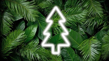 Obraz premium Neon tree is surrounded by green leaves. The tree is lit up and he is glowing. The image has a festive and lively mood, as if it were a Christmas decoration