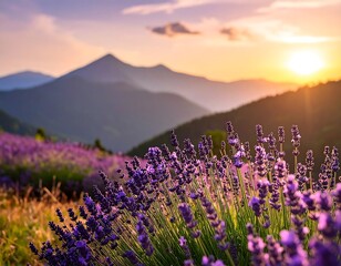 Obraz premium A vibrant sunset casts a warm glow over a lavender field, silhouetting majestic mountains and a lone cloud in the sky