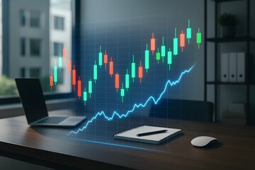 AR Holographic Finance Chart with Floating Red and Green Candlestick Graphs in Modern Workspace