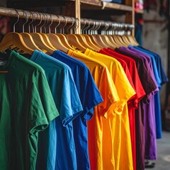 Fototapeta premium Rainbow Gradient of Blank T-Shirts on Wooden Hangers in a Retail Display