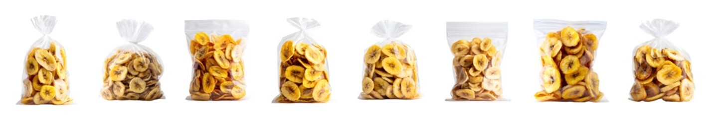 Collection of transparent bags filled with crunchy golden snack rings.