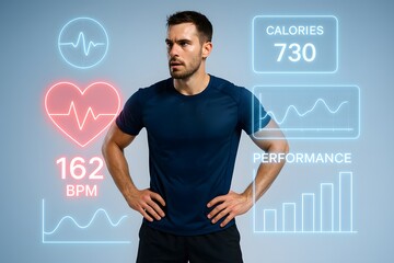 Athlete with Holographic Fitness Data Overlay on Gradient White-Blue Background
