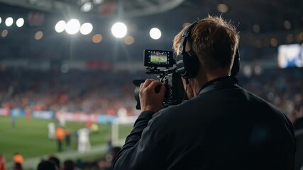 Professional cameraman with headphones filming live sports action at a brightly lit stadium, capturing the excitement of the game for broadcast.