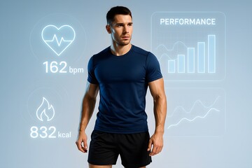 Athlete with Holographic Fitness Data Overlay on Gradient White-Blue Background