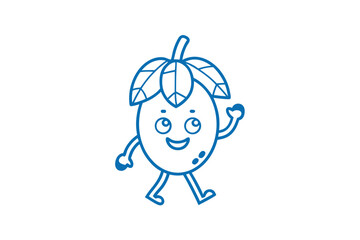 A cheerful blue fruit character with leaves and a smiley face is walking