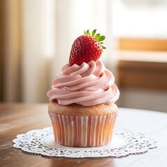 Delicious Strawberry Cupcake on Decorative Paper Doily.
