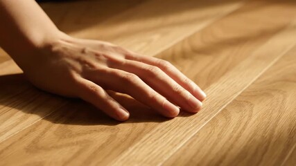 Hand softly touching wood floor, warm light and simple texture - Powered by Adobe