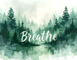 Breathe Inspirational Quote on Watercolor Pine Forest Landscape Art Print