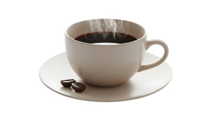 Obraz premium A steaming cup of coffee with coffee beans near on transparent background, png