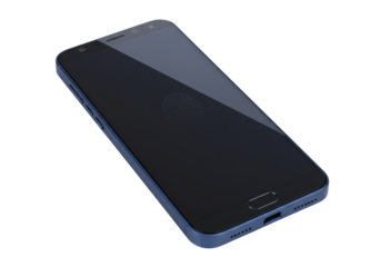 Isolated generic blue cellphone device mockup with fingerprint sensor on screen display