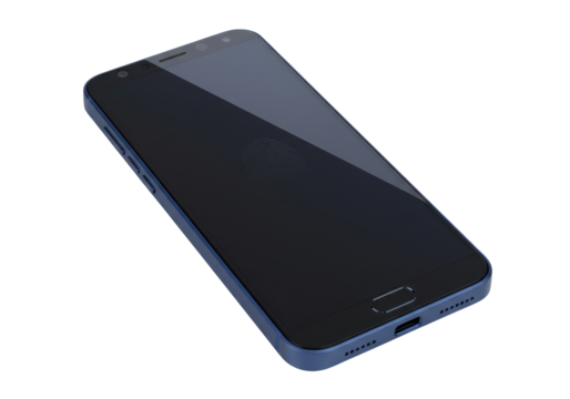 Isolated generic blue cellphone device mockup with fingerprint sensor on screen display