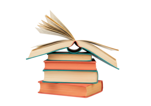 Isolated pile of colorful books with one open, educational reading resource material