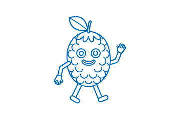 Cheerful blue fruit character with leaf and smiling face waves hello as it walks