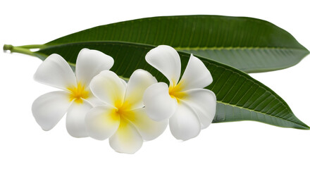Fototapeta premium Three white plumeria flowers with green leaves on transparent background, png