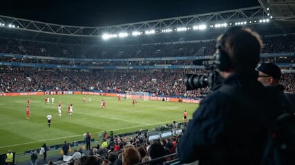 Professional cameraman capturing live soccer match action at a brightly lit stadium during a night game, broadcasting sports event - Powered by Adobe