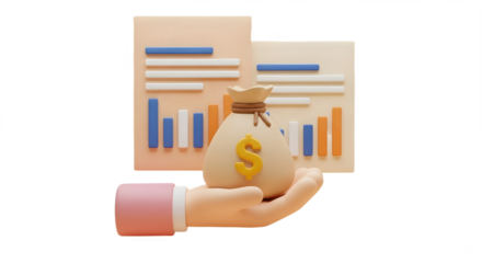 Hand holding money bag with chart background on transparent background, png