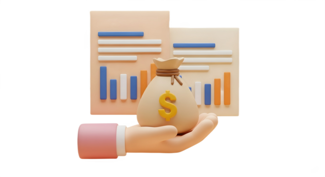 Hand holding money bag with chart background on transparent background, png