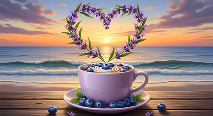 Lavender heart over coffee cup with blueberries on a wooden deck at sunset seaside