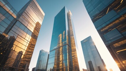 Obraz premium Skyscrapers in Downtown City, Modern Architecture, Glass Buildings, Business District, Urban Landscape, Financial District, Sunlight