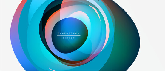 Abstract circular layers create vibrant visual effect. Blue, teal, green hues dominate design, with subtle orange accents. Modern, dynamic composition.