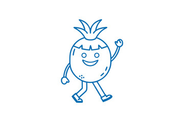 Cartoonstyle pineapple character with cheerful face is waving while walking with delight