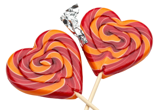 Isolated pair of heart-shaped orange-and-red striped lollipops, sweet treat with foil wrapper - Powered by Adobe