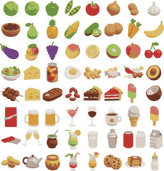 A seamless vector pattern set of food and drink icons, including fruit like apple, orange, lemon, strawberry, and kiwi, with vegetables like pepper, plus breakfast items such as bread, egg, cheese, an