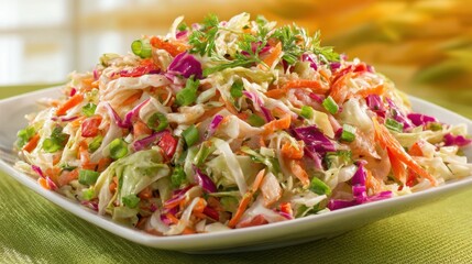 A colorful salad with a variety of vegetables including carrots, celery, and onions. The salad is served on a white plate and is arranged in a visually appealing manner