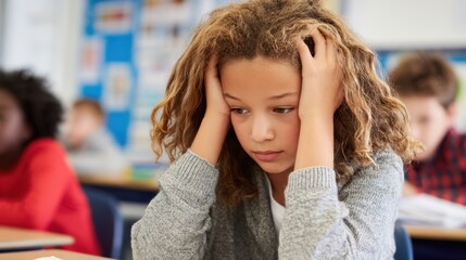 A girl with long hair is sitting in a classroom and looking down. She is wearing a gray sweater and has her hands on her head