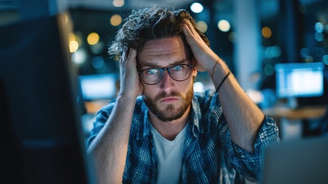 A young man experiences stress while working late in a contemporary office setting. He has his hands on his head deep in thought with computers in the background. - Powered by Adobe