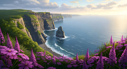 Spectacular coastal scenery with vibrant flowers and majestic cliffs, showcasing Ireland's natural
