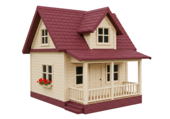 Isolated dollhouse or miniature house, simple cottage or house shape with red trim and roof