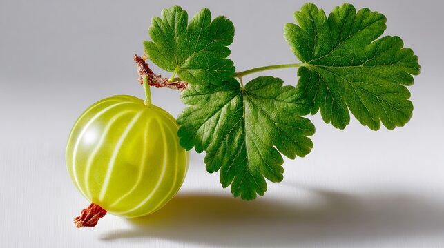 Green leaf is next to a green fruit. The fruit is a small, unripe green berry