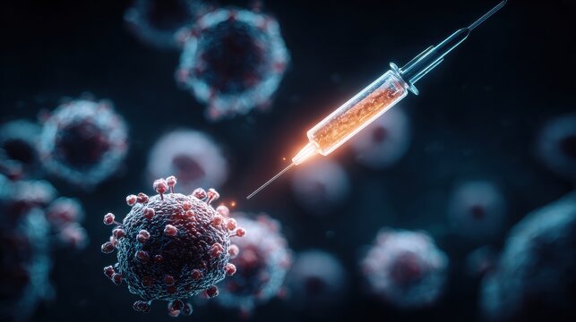 A syringe approaches a virus, symbolizing the critical role of vaccines in fighting infectious diseases and protecting public health globally.