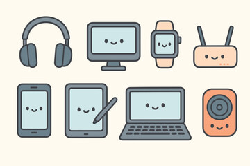 Set of cute isolated electronics elements. Collection of headphones, monitors, WiFi routers, smartphones, tablets with styluses, laptops, and portable music speakers. Vector illustrations in flat cart