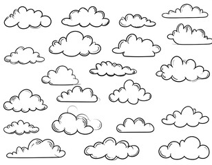 Black and white illustration with various stylized puffy cloud shapes. Suitable for weather-themed or artistic projects