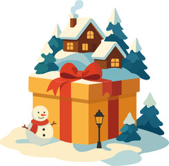 Flat vector illustration of a decorative winter element — a big gift box with a cozy snow-covered house and snowman.