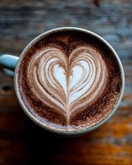 Cappuccino with latte art heart design in close up view