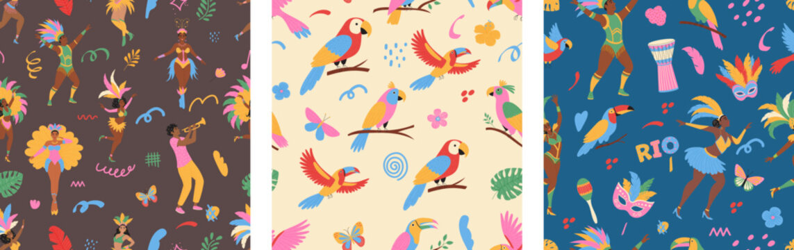 Brazilian carnival seamless pattern set. Dancing people, exotic birds, doodle elements. Modern vector illustration