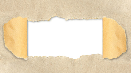 Horizontal light brown paper, revealing a smooth, light gray-transparent space in the center. Edges torn paper are rough and naturally ragged. Sections of paper peeled back and copy space