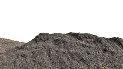 Close-up shot large mound or pile of dark, rich organic material, likely compost, mulch, or soil, isolated against a pure transparent background