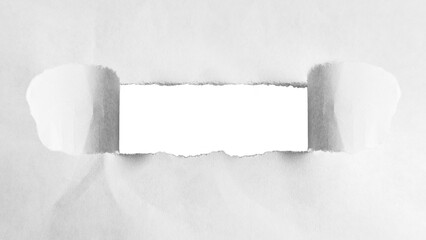 Horizontal white paper, revealing a smooth, transparent space in the center. Edges torn paper are rough and naturally ragged. Sections of paper peeled back and copy space