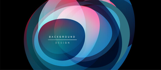 Abstract layers create vibrant circular design. Pink, blue, navy hues blend seamlessly. Text reads background design. Modern aesthetic.
