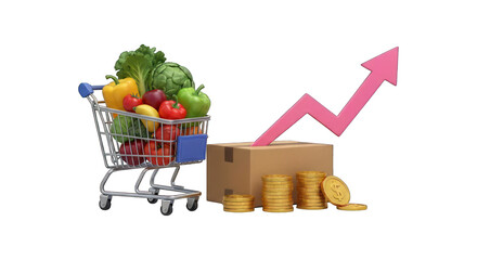 Groceries in shopping cart, rising graph, coins, and box. Price increases