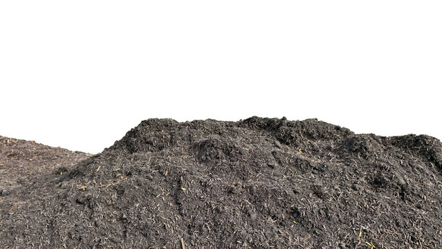 Close-up shot large mound or pile of dark, rich organic material, likely compost, mulch, or soil, isolated against a pure transparent background