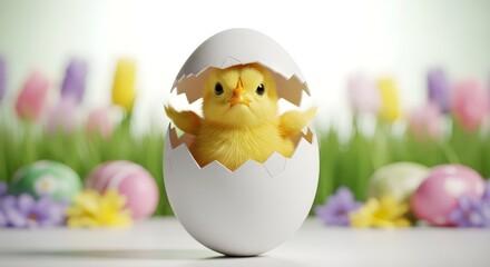 Easter Chick in Eggshell on Grass with Pastel Spring Decor
